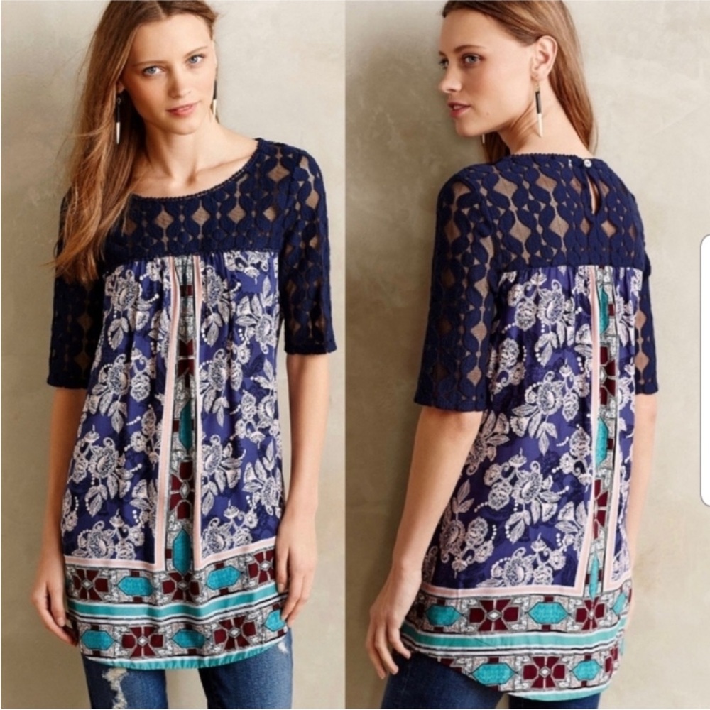 Anthropologie Akemi + Kin Maite Floral Lace Tunic Top‎ Blue Women’s Sz Medium
